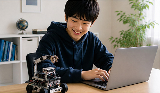 ロボット教材とパソコンに取り組む生徒の様子